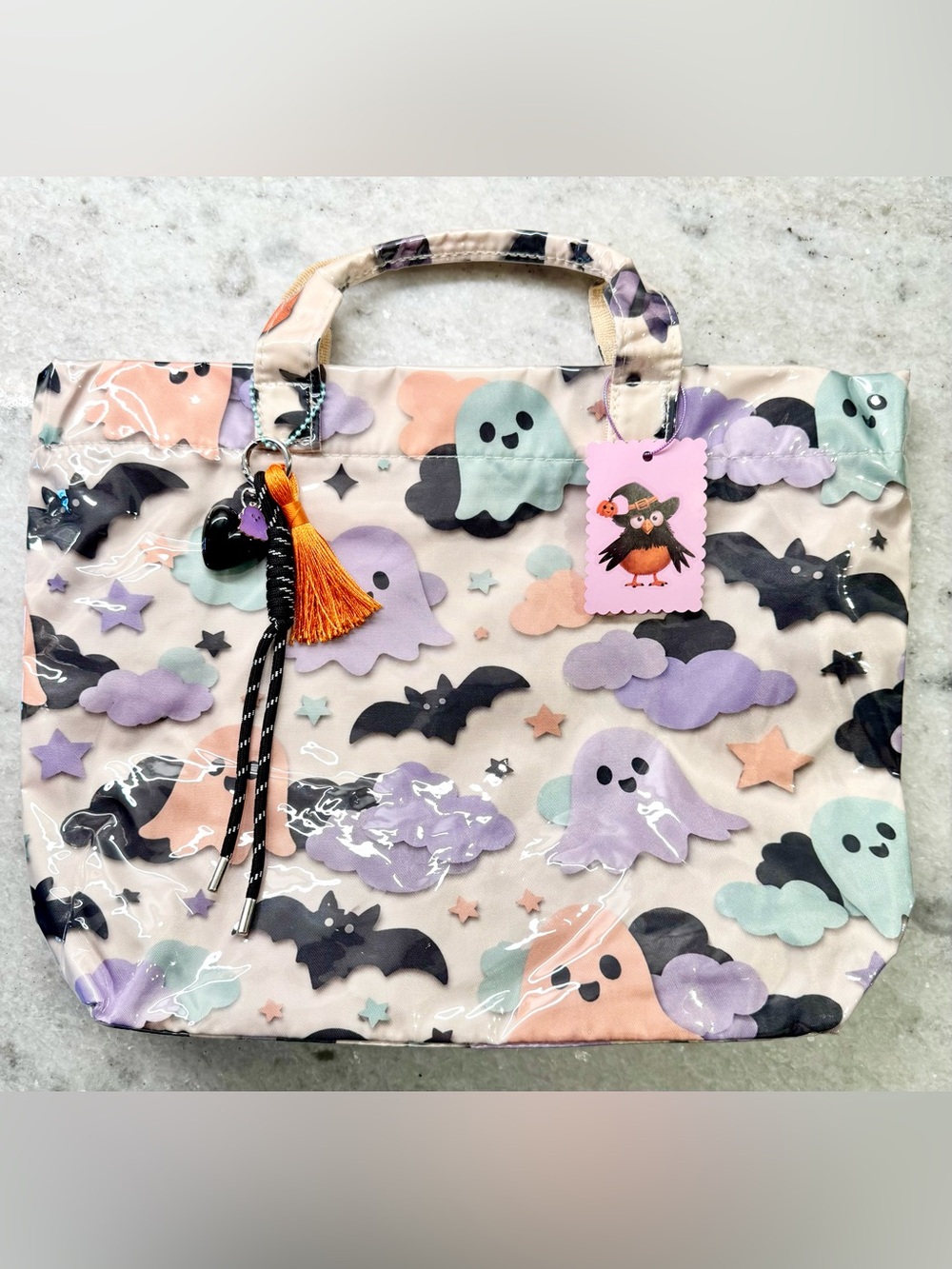 New Halloween Pastel Ghosts & Bats PVC Handbag Purse Tote Bag w/ Charm - Picture 5 of 10